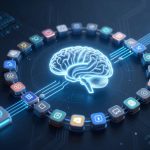 A glowing blue digital brain is centered on a dark background, surrounded by a circular arrangement of colorful app icons connected by lines, symbolizing artificial intelligence and technology.