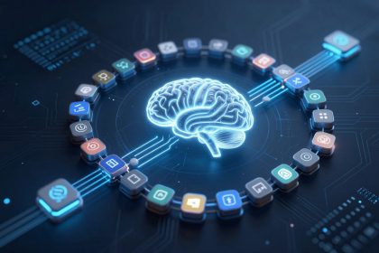 A glowing blue digital brain is centered on a dark background, surrounded by a circular arrangement of colorful app icons connected by lines, symbolizing artificial intelligence and technology.