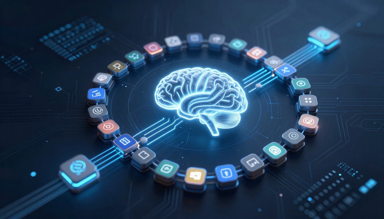 A glowing blue digital brain is centered on a dark background, surrounded by a circular arrangement of colorful app icons connected by lines, symbolizing artificial intelligence and technology.