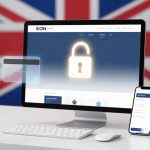 A computer monitor displays a glowing padlock icon on a blue screen, symbolizing security. A credit card floats beside it. A smartphone showing a form is on the desk. A UK flag is in the background.