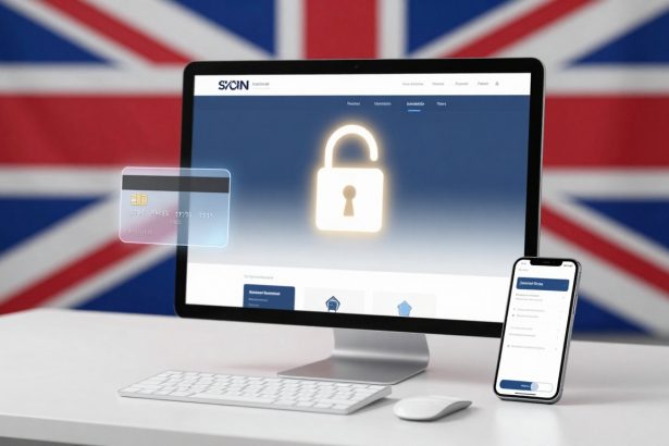A computer monitor displays a glowing padlock icon on a blue screen, symbolizing security. A credit card floats beside it. A smartphone showing a form is on the desk. A UK flag is in the background.