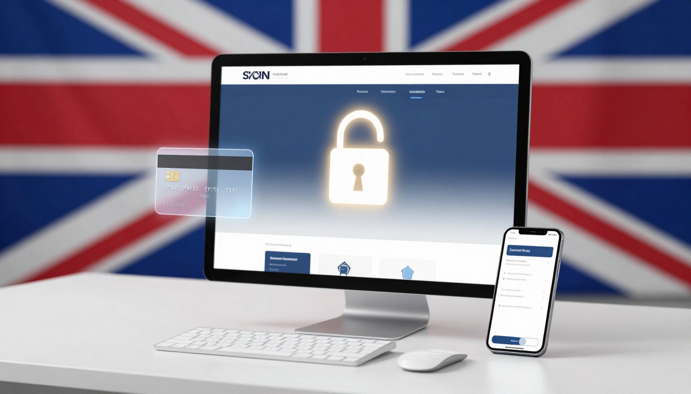 A computer monitor displays a glowing padlock icon on a blue screen, symbolizing security. A credit card floats beside it. A smartphone showing a form is on the desk. A UK flag is in the background.