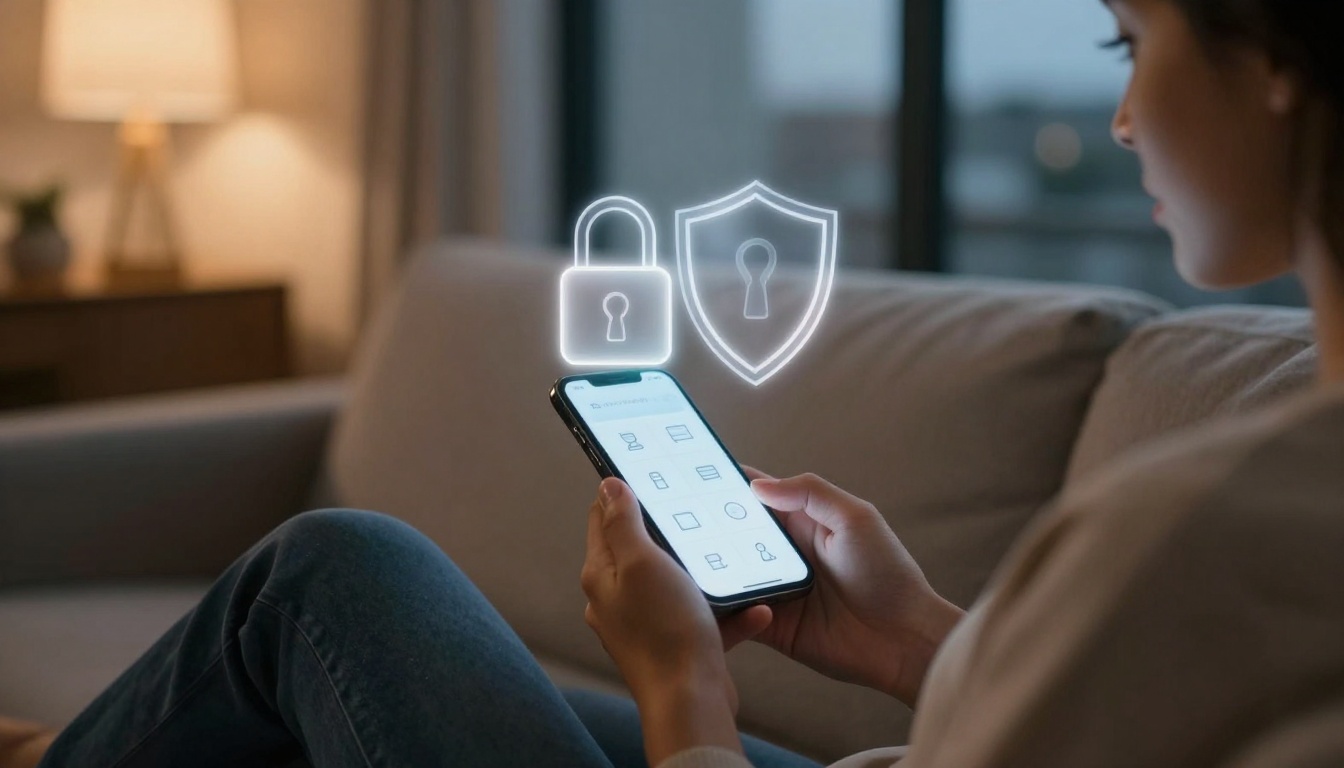 A person sitting on a couch uses a smartphone, with glowing lock and shield security icons hovering above. A lamp and plant are in the background.