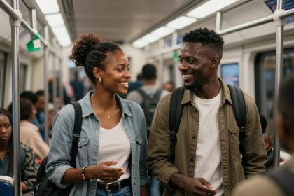 A man and woman smiling and talking on a subway train. Both are wearing casual shirts and backpacks. Other passengers are seated in the background.