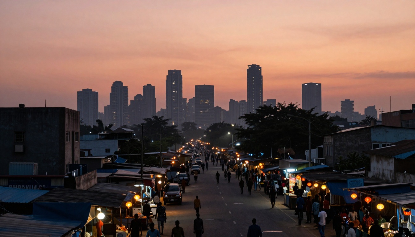 A street market scene at dusk with people walking and shopping. Stalls with colorful lights line both sides, and tall city buildings are silhouetted against an orange sky in the background.