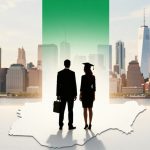 Two silhouetted figures, a man holding a briefcase and a woman in a graduation cap, stand on a map outline facing a city skyline.