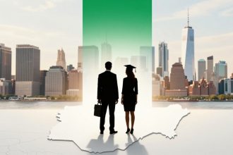 Two silhouetted figures, a man holding a briefcase and a woman in a graduation cap, stand on a map outline facing a city skyline.
