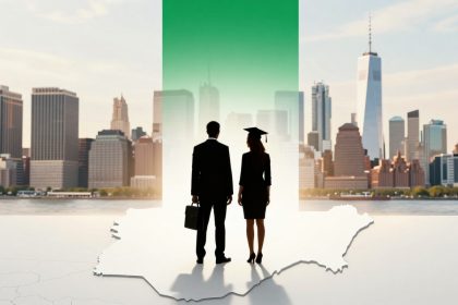 Two silhouetted figures, a man holding a briefcase and a woman in a graduation cap, stand on a map outline facing a city skyline.