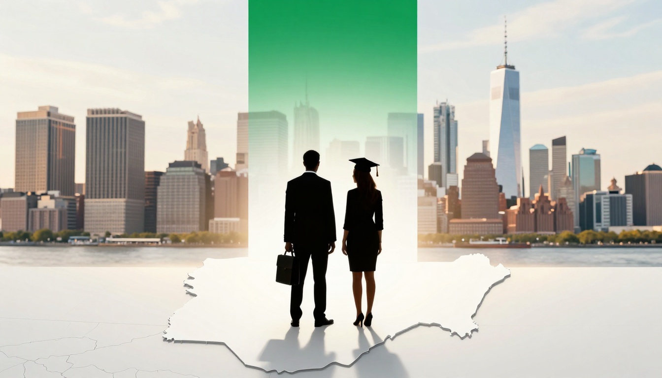 Two silhouetted figures, a man holding a briefcase and a woman in a graduation cap, stand on a map outline facing a city skyline.