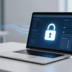 A laptop on a white desk displays a glowing lock icon on the screen, signifying cybersecurity. Blurred office background.