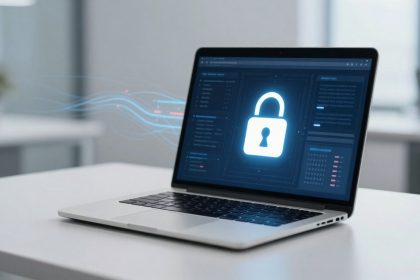 A laptop on a white desk displays a glowing lock icon on the screen, signifying cybersecurity. Blurred office background.
