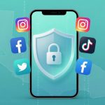 Smartphone with a shield and lock icon on the screen, surrounded by social media app icons (Instagram, Facebook, Twitter, TikTok) against a map outline background.