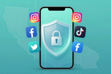 Smartphone with a shield and lock icon on the screen, surrounded by social media app icons (Instagram, Facebook, Twitter, TikTok) against a map outline background.