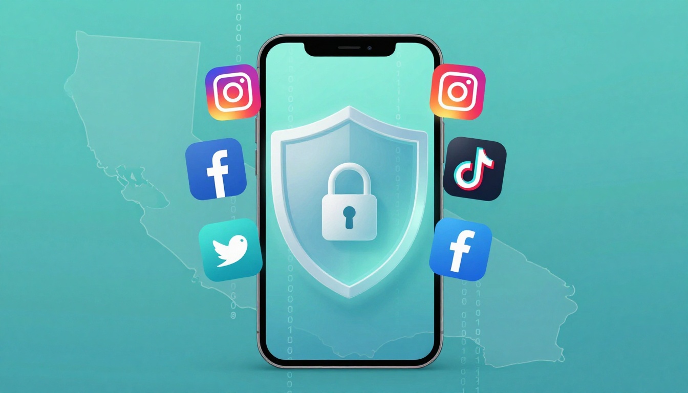 Smartphone with a shield and lock icon on the screen, surrounded by social media app icons (Instagram, Facebook, Twitter, TikTok) against a map outline background.