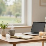 A cozy living room with a wooden coffee table holding a laptop, open book, steaming mug, lit candle, and a plate of vegetables. A potted plant is nearby, with a basket and blanket in the background. Large window shows a blurred view of greenery outside.