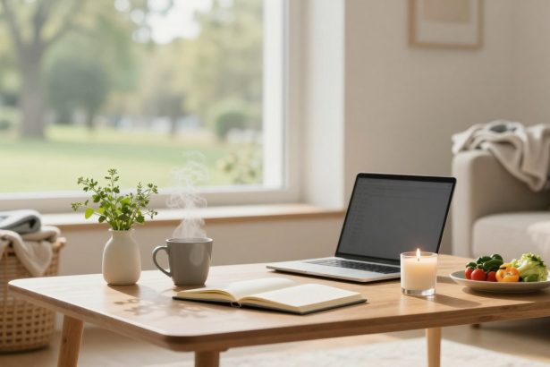 A cozy living room with a wooden coffee table holding a laptop, open book, steaming mug, lit candle, and a plate of vegetables. A potted plant is nearby, with a basket and blanket in the background. Large window shows a blurred view of greenery outside.