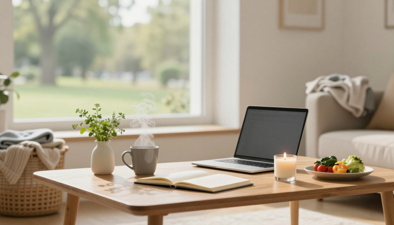 A cozy living room with a wooden coffee table holding a laptop, open book, steaming mug, lit candle, and a plate of vegetables. A potted plant is nearby, with a basket and blanket in the background. Large window shows a blurred view of greenery outside.