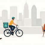 A cityscape illustration shows a man in a suit walking with a briefcase, a delivery cyclist wearing a helmet, and a person at a café table using a laptop. Skyscrapers are in the background.