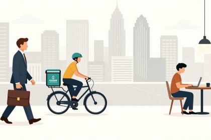 A cityscape illustration shows a man in a suit walking with a briefcase, a delivery cyclist wearing a helmet, and a person at a café table using a laptop. Skyscrapers are in the background.