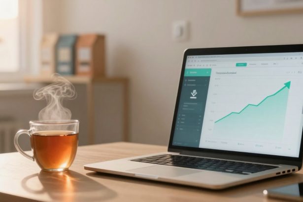 A laptop on a wooden desk displays a graph with an upward trend. Beside it, a steaming cup of tea sits next to a smartphone.