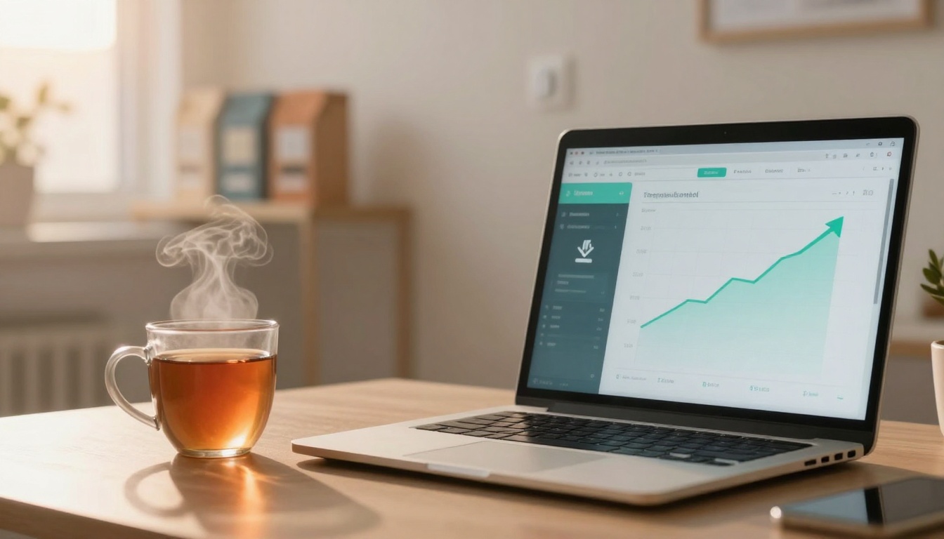 A laptop on a wooden desk displays a graph with an upward trend. Beside it, a steaming cup of tea sits next to a smartphone.