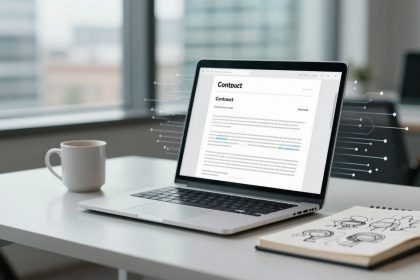 A laptop displaying a contract document sits on a white desk, next to a white coffee cup and an open notebook with sketches. The background shows blurred office windows.