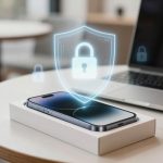 A smartphone rests on a white box on a table, with a glowing digital padlock icon hovering above, symbolizing security. A laptop is in the background.