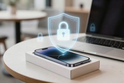 A smartphone rests on a white box on a table, with a glowing digital padlock icon hovering above, symbolizing security. A laptop is in the background.