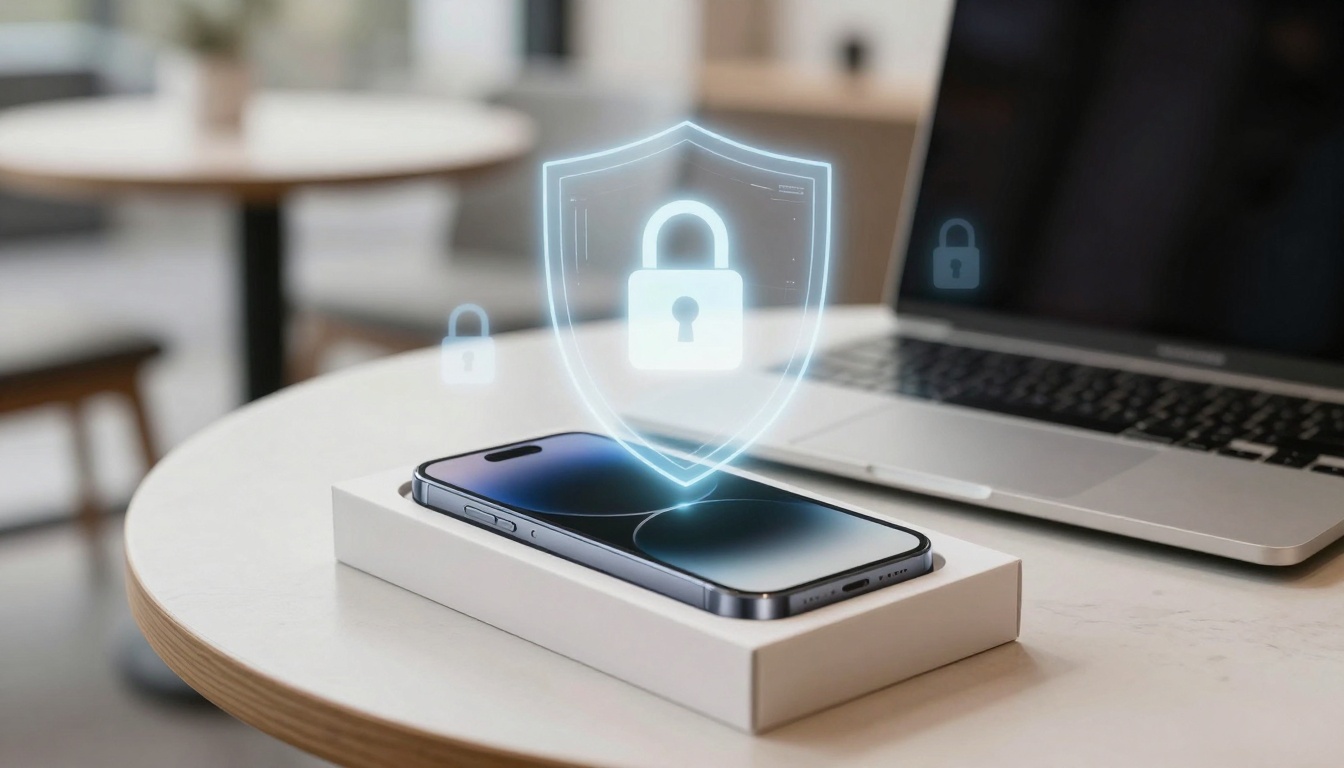 A smartphone rests on a white box on a table, with a glowing digital padlock icon hovering above, symbolizing security. A laptop is in the background.