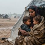A woman sits inside a tent, holding two young children close. It is raining, and the ground is muddy. Simple huts are visible in the background.