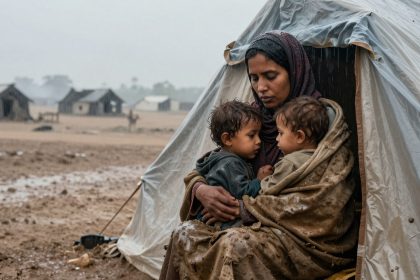 A woman sits inside a tent, holding two young children close. It is raining, and the ground is muddy. Simple huts are visible in the background.
