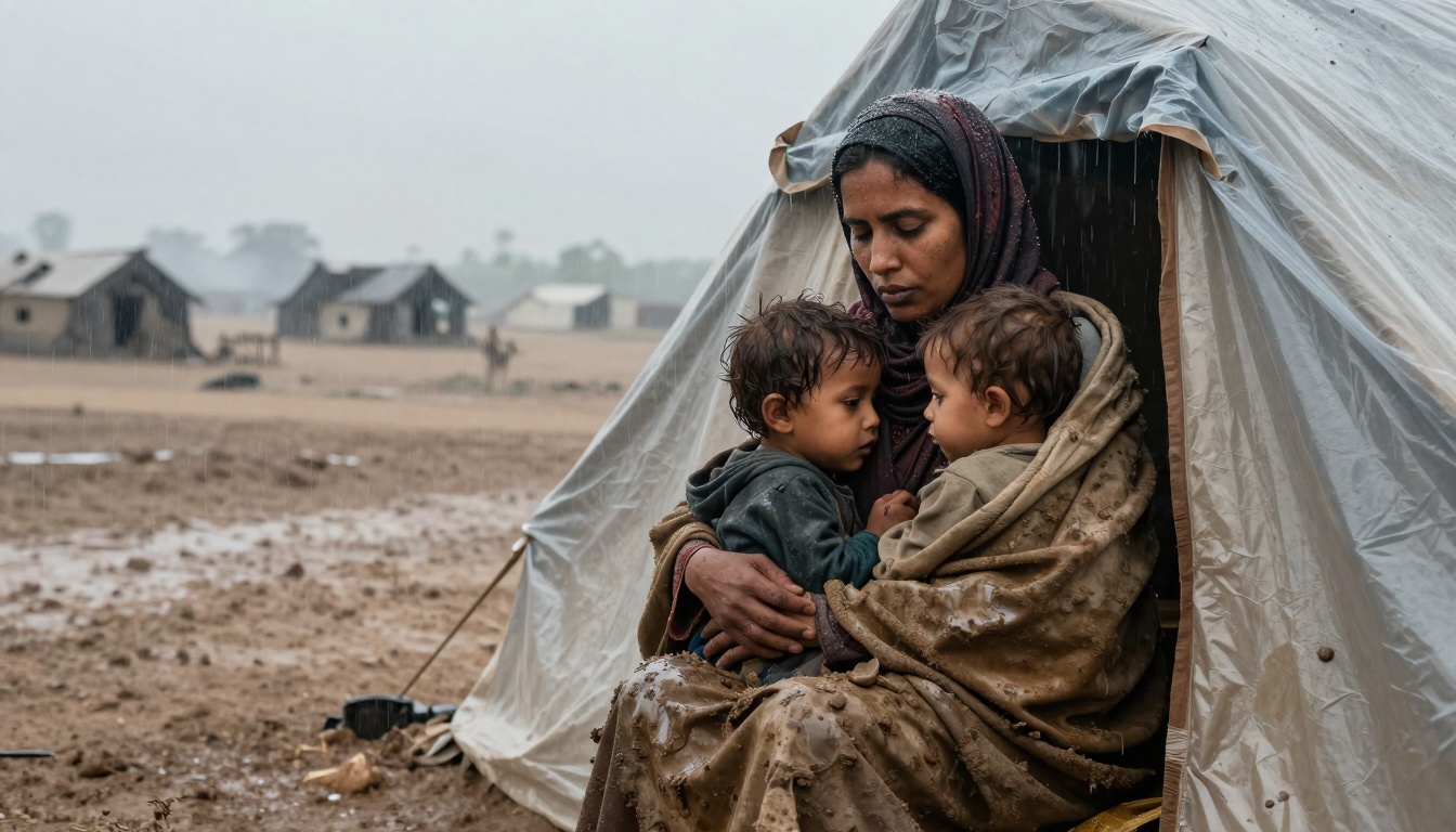 A woman sits inside a tent, holding two young children close. It is raining, and the ground is muddy. Simple huts are visible in the background.
