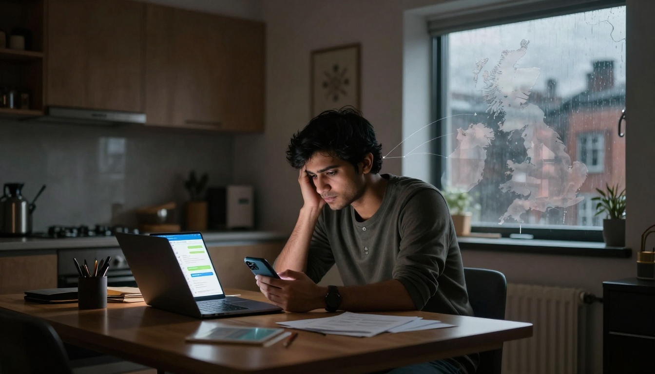 A man in a dark green shirt sits at a wooden table in a kitchen, looking at his phone. A laptop with a chat window is open beside him, and papers are scattered on the table. It’s raining outside, and a map is visible on the wet window. The room is dimly lit.