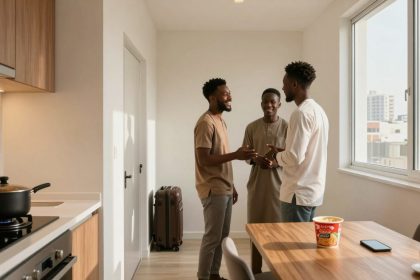 Three people are talking and smiling in a bright kitchen with a suitcase by a door. A pot is on the stove, and a cup of noodles and a phone are on a table by a window.