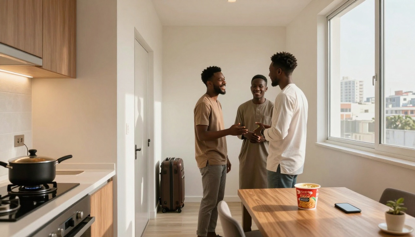 Three people are talking and smiling in a bright kitchen with a suitcase by a door. A pot is on the stove, and a cup of noodles and a phone are on a table by a window.