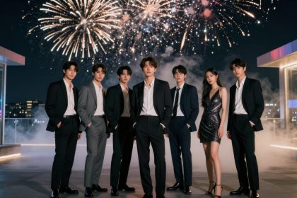 Seven people in formal attire stand on a rooftop at night with fireworks in the background. Six men wear suits, and one woman wears a sparkly dress. Smoke and city lights are visible.