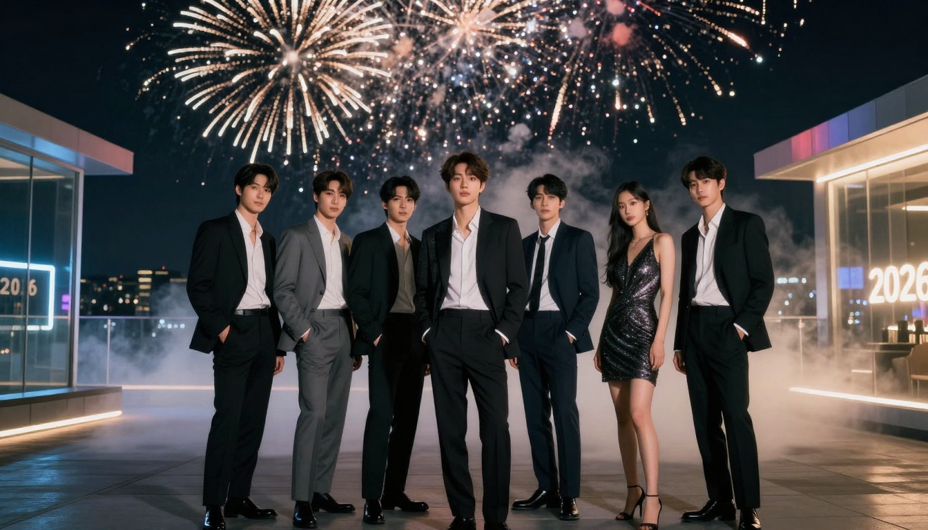 Seven people in formal attire stand on a rooftop at night with fireworks in the background. Six men wear suits, and one woman wears a sparkly dress. Smoke and city lights are visible.