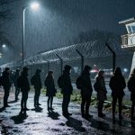Silhouetted people stand in the rain along a barbed wire fence at night. A lit guard tower is visible in the background.