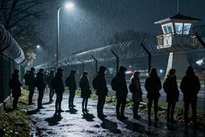 Silhouetted people stand in the rain along a barbed wire fence at night. A lit guard tower is visible in the background.