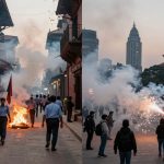 On the left, people in uniforms walk past a fire on a narrow brick street with flags. On the right, a crowd observes smoke and sparks in a square with traditional architecture and modern buildings in the background.
