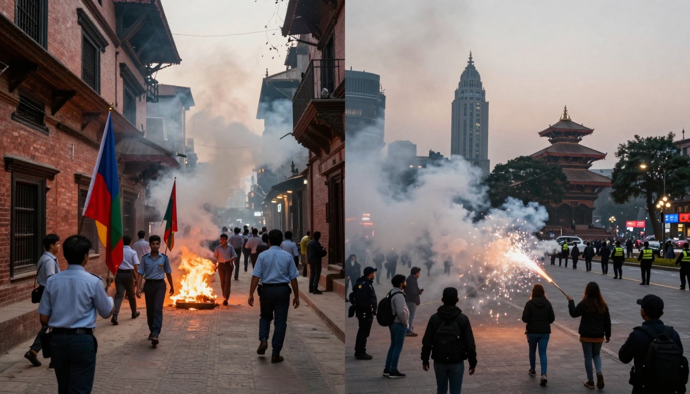 On the left, people in uniforms walk past a fire on a narrow brick street with flags. On the right, a crowd observes smoke and sparks in a square with traditional architecture and modern buildings in the background.