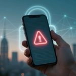 A hand holds a smartphone displaying a red warning triangle with an exclamation mark. A digital lock and network symbols appear in the background.