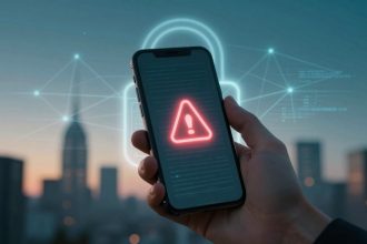 A hand holds a smartphone displaying a red warning triangle with an exclamation mark. A digital lock and network symbols appear in the background.