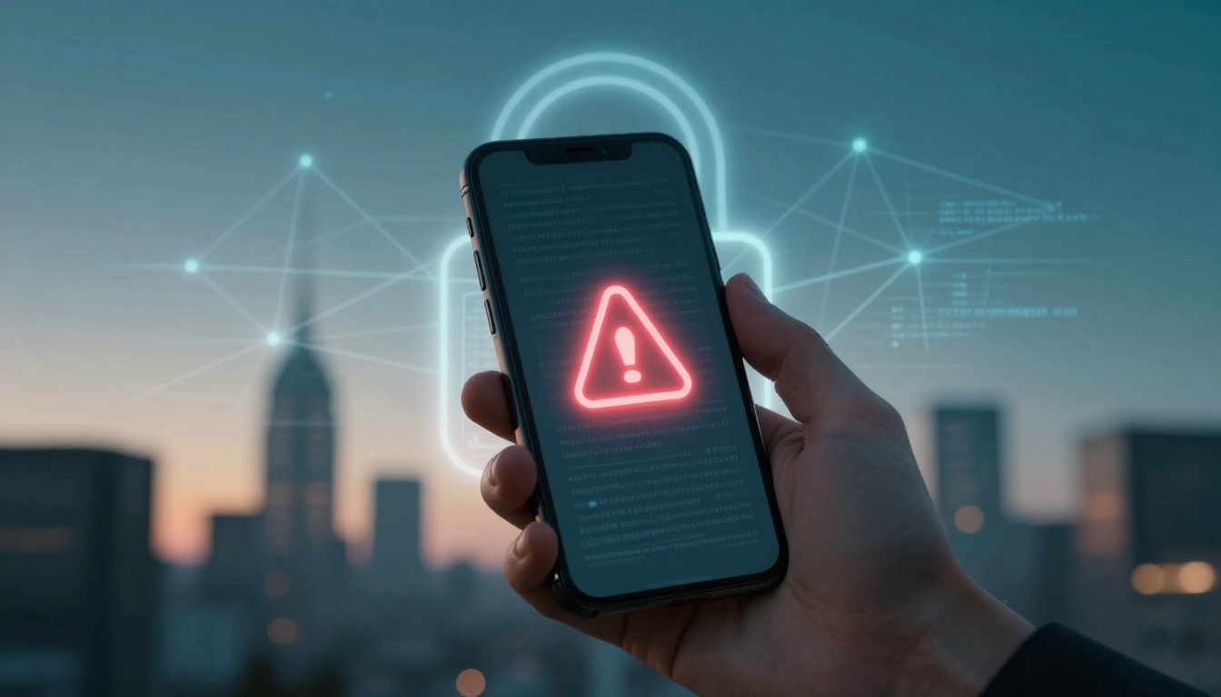 A hand holds a smartphone displaying a red warning triangle with an exclamation mark. A digital lock and network symbols appear in the background.