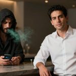Two men at a bar; one in a white shirt leaning on the counter, the other in a black hoodie using a phone with green smoke emanating. Bottles in the background.