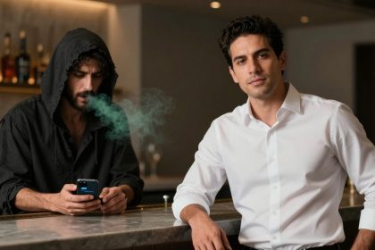 Two men at a bar; one in a white shirt leaning on the counter, the other in a black hoodie using a phone with green smoke emanating. Bottles in the background.