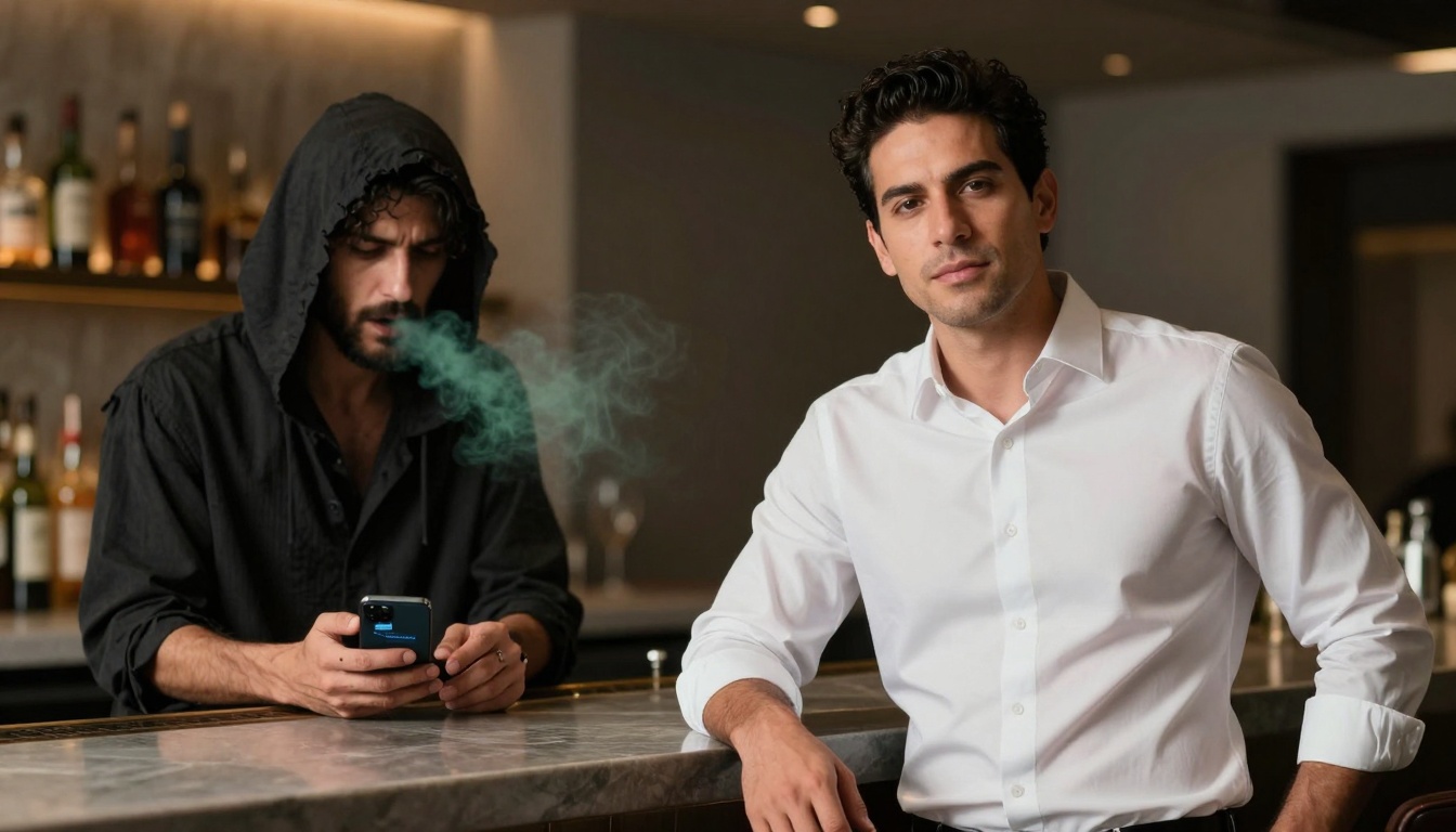Two men at a bar; one in a white shirt leaning on the counter, the other in a black hoodie using a phone with green smoke emanating. Bottles in the background.