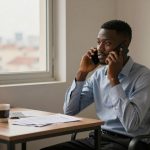 A man in a blue shirt sits at a desk, talking on two phones, with a patterned jacket draped over the chair. A cup, papers, and a calculator are on the desk near a window.