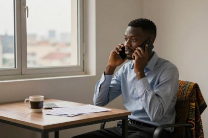 A man in a blue shirt sits at a desk, talking on two phones, with a patterned jacket draped over the chair. A cup, papers, and a calculator are on the desk near a window.