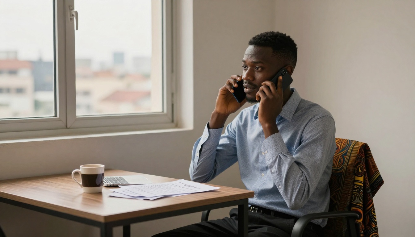 A man in a blue shirt sits at a desk, talking on two phones, with a patterned jacket draped over the chair. A cup, papers, and a calculator are on the desk near a window.